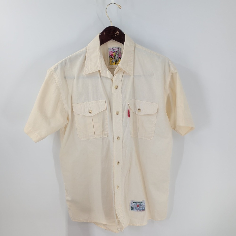 Vtg Crampe Rancher‎ Good Style Embroidered Short Sleeve Button-Up Shirt Beige